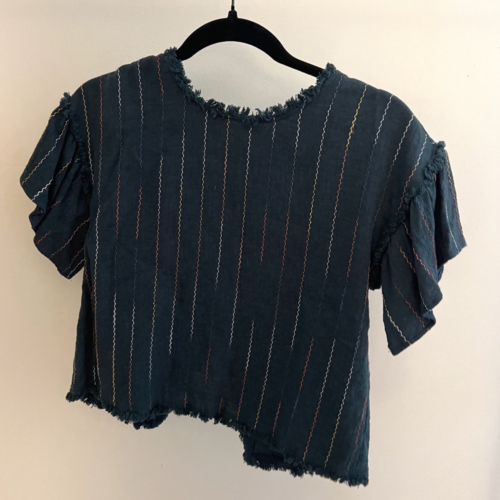 Moon River Anthro | Dark Green Striped Boho Fringe Crop (Size S)